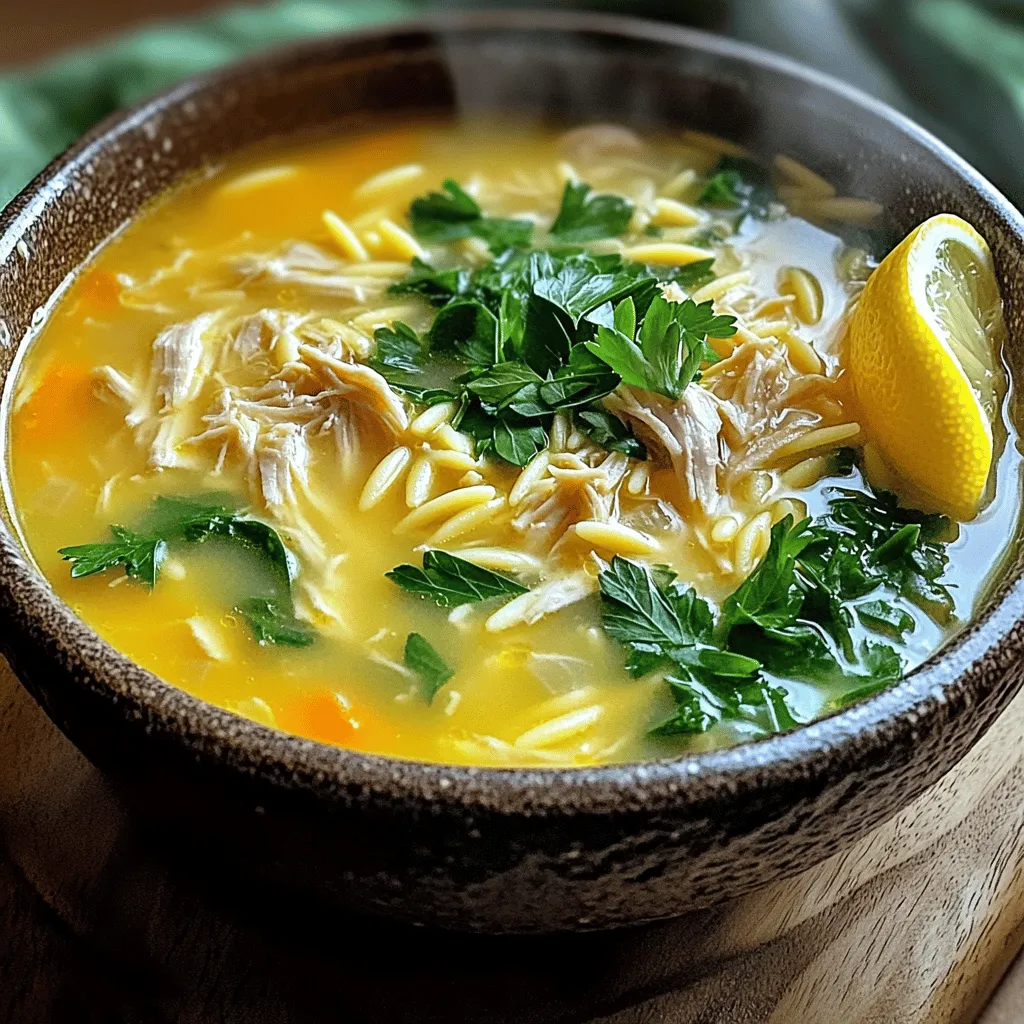 The main ingredients for Avgolemono Greek lemon chicken soup are simple yet full of flavor. You need chicken breasts, chicken broth, orzo pasta, eggs, and fresh lemon juice. Each ingredient plays a big role in creating this comforting dish.
