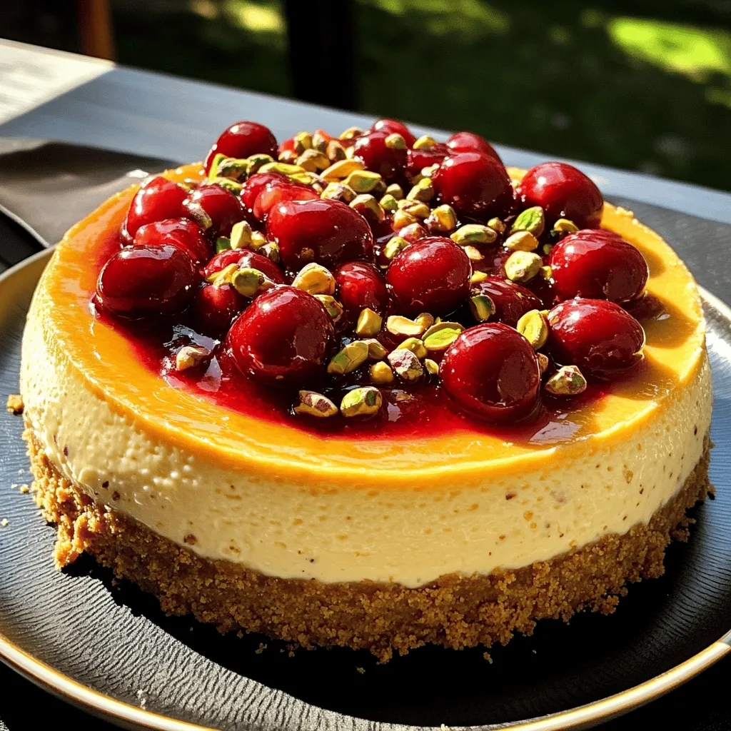 - 1 ½ cups graham cracker crumbs - ½ cup unsalted butter, melted - 2 tablespoons granulated sugar - 16 oz cream cheese, softened - 1 cup powdered sugar - 1 teaspoon vanilla extract - 1 cup sour cream - 2 large eggs - 1 cup cherry pie filling - ½ cup pistachios, chopped (plus extra for topping) - A pinch of salt