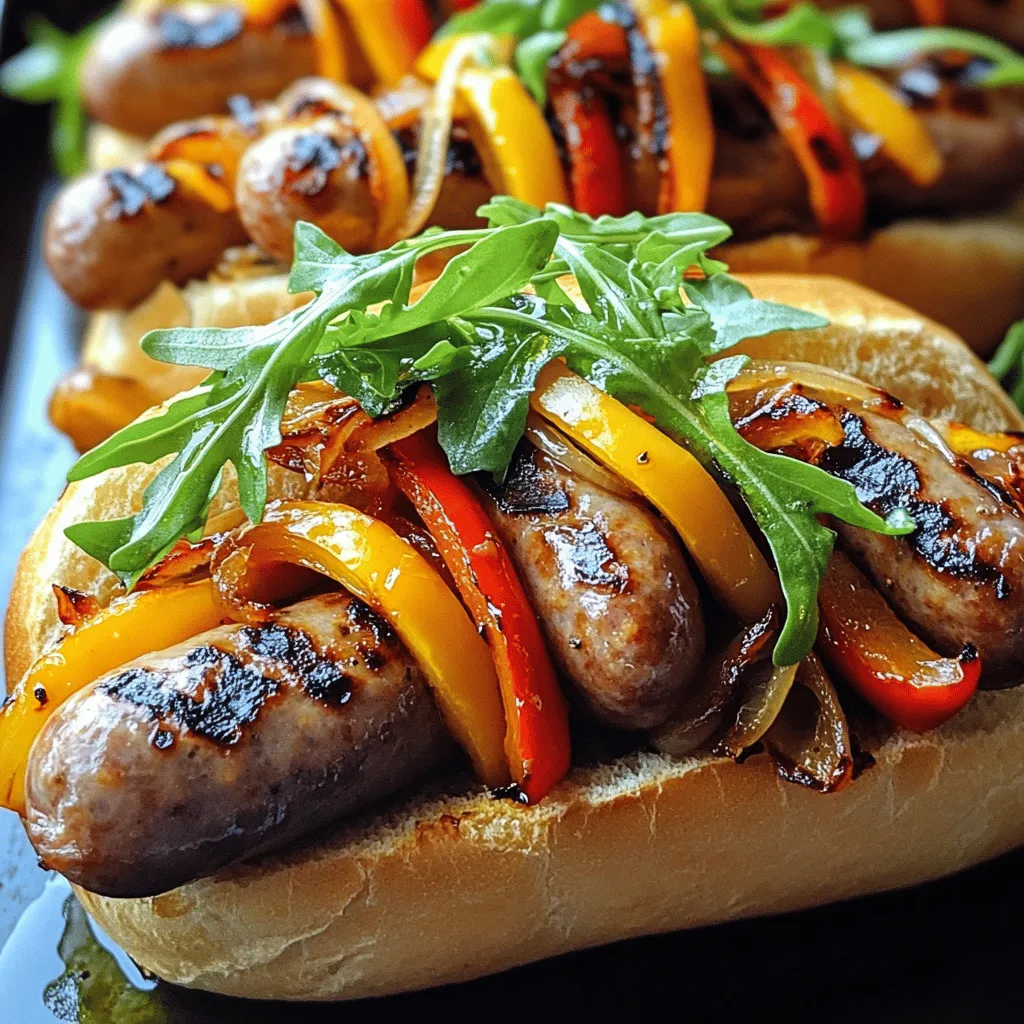 - 4 fresh Italian sausages (hot or mild, based on preference) - 1 red bell pepper, sliced - 1 yellow bell pepper, sliced - 1 large onion, sliced - 3 cloves garlic, minced