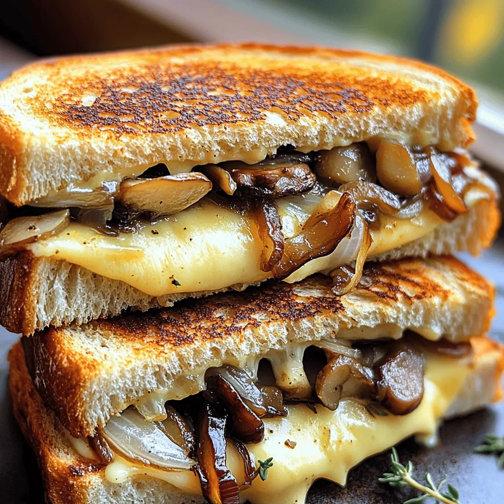 - 4 slices of sourdough bread - 4 ounces Gouda cheese, sliced - 1 cup mixed mushrooms (cremini, shiitake, button), cleaned and sliced - 1 medium onion, thinly sliced - 2 tablespoons olive oil - 1 tablespoon unsalted butter - 1 teaspoon garlic powder - Salt and pepper to taste - Fresh thyme leaves (optional, for garnish)