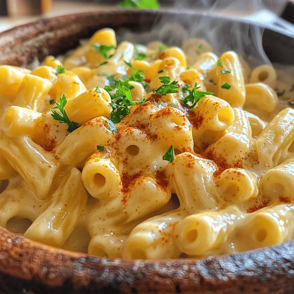 The essential ingredients for this recipe are: - 8 oz elbow macaroni - 4 cups chicken or vegetable broth - 2 cups sharp cheddar cheese, shredded - 1 cup cream cheese, cubed - 1 cup milk - Spices: garlic powder, onion powder, smoked paprika, cayenne pepper