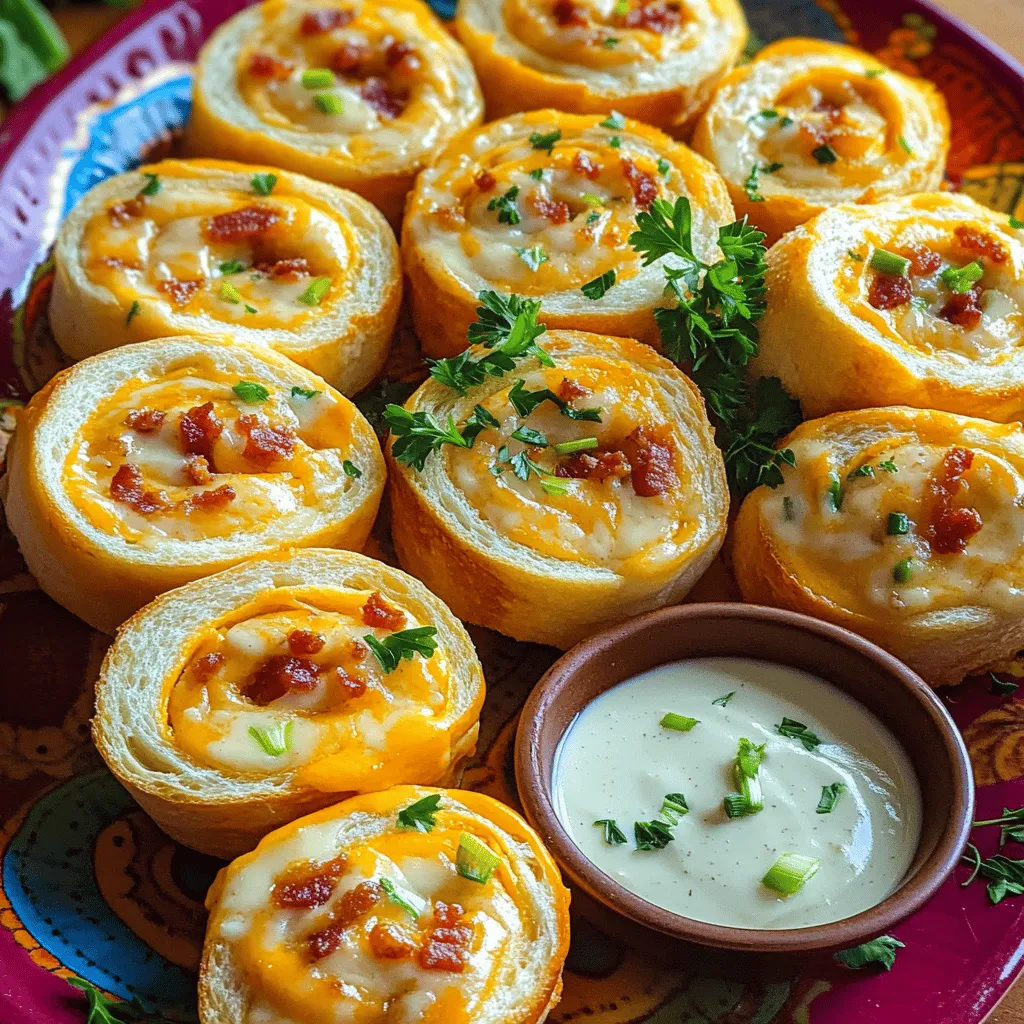 To make bacon cheddar ranch pinwheels, you need simple ingredients. Start with 8 oz of softened cream cheese. This gives a rich base. Then, add 1/2 cup of ranch dressing for a creamy flavor. Next, include 1 cup of shredded sharp cheddar cheese for a tasty kick. You will also need 1 cup of cooked bacon, crumbled, which adds great crunch. Don’t forget 1/4 cup of finely chopped green onions for a fresh taste. Finally, you will need 4 large flour tortillas to wrap everything up.