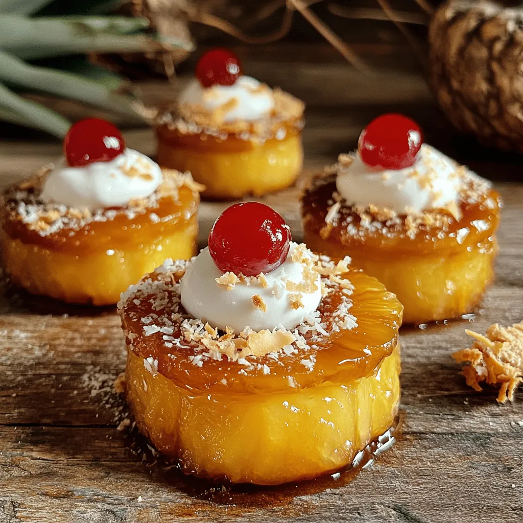 To make mini pineapple upside down cakes, you need these simple ingredients: - 1 cup all-purpose flour - 1/2 cup granulated sugar - 1/2 teaspoon baking powder - 1/4 teaspoon baking soda - 1/4 teaspoon salt - 1/4 cup unsalted butter, melted - 1/2 cup milk - 1 large egg - 1 teaspoon vanilla extract - 1 cup crushed pineapple, drained - 6 maraschino cherries - 1/4 cup brown sugar