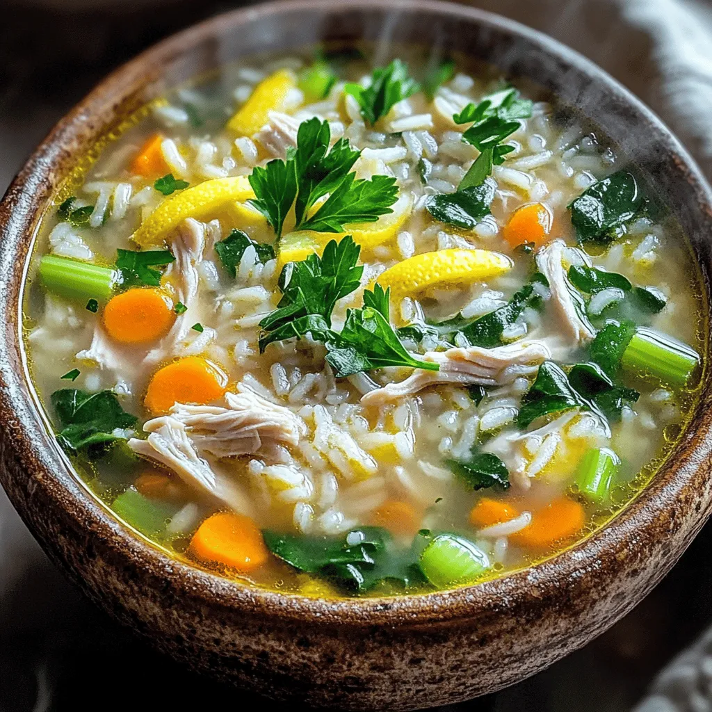 To make a great Chicken Lemon Rice Soup, you need a few key items. Start with 1 pound of boneless, skinless chicken breasts. This meat gives the soup its hearty base. You will also need 1 cup of long-grain white rice. This rice cooks well and adds texture. Next, use 6 cups of chicken broth for a rich flavor. Fresh vegetables are important too. You will need 1 medium onion, 2 cloves of garlic, 2 carrots, and 2 celery stalks. These add depth and nutrition. Lastly, the stars of this dish are 2 large lemons for zest and juice, and 1 cup of fresh spinach for color.