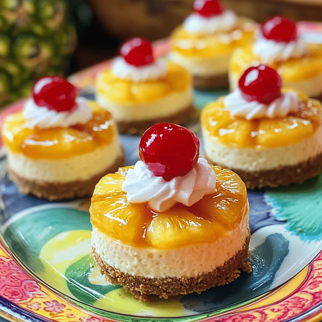 - 1 cup graham cracker crumbs - 1/4 cup unsalted butter, melted - 2 tablespoons sugar - 16 oz cream cheese, softened - 3/4 cup sugar - 1 teaspoon vanilla extract - 2 large eggs - 1 cup crushed pineapple, drained - 1/2 teaspoon ground cinnamon - 12 maraschino cherries