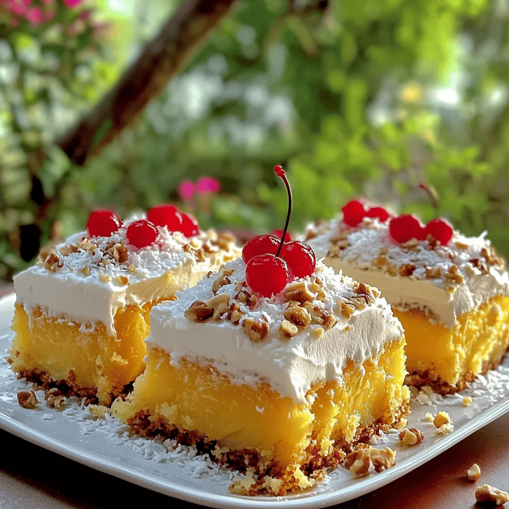 To make the Oster Poke Cake, gather these ingredients: - 1 box yellow cake mix - 3 large eggs - 1/2 cup unsalted butter, melted - 1 cup water - 1 (14 oz) can sweetened condensed milk - 1 cup coconut milk - 1 cup shredded sweetened coconut - 1 cup whipped topping (like Cool Whip) - 1/2 cup crushed pineapple, drained - 1/2 cup chopped walnuts or pecans (optional) - Maraschino cherries for garnish (optional)