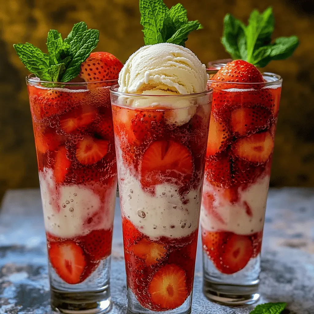 The easy strawberry patch float is a treat that sings summer. To start, you need fresh strawberries. You will use two cups of hulled and sliced strawberries. These bright berries give your float a sweet, tangy flavor. The next must-have is granulated sugar. Just two tablespoons will help the strawberries shine.
