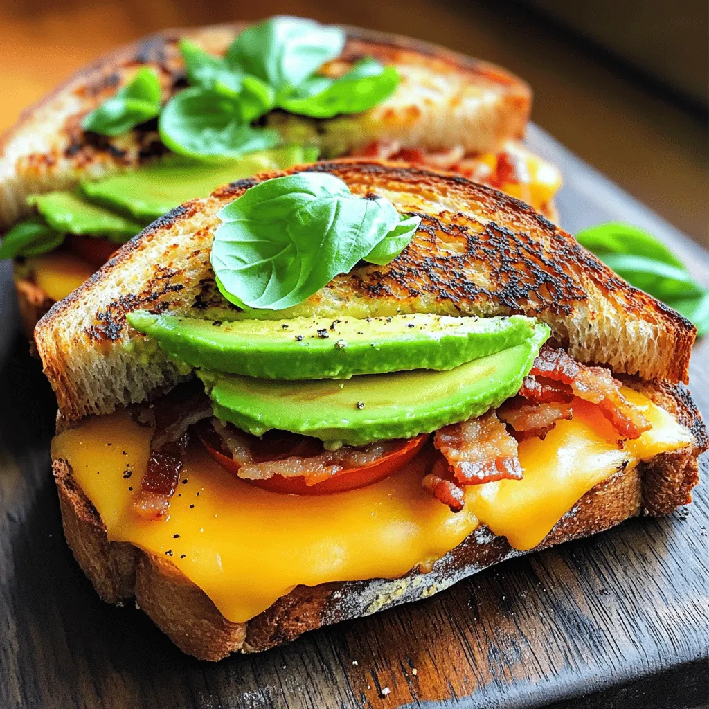 - 2 slices of sourdough bread - 1 ripe avocado, sliced - 4 strips of cooked bacon, chopped - 1 cup shredded sharp cheddar cheese