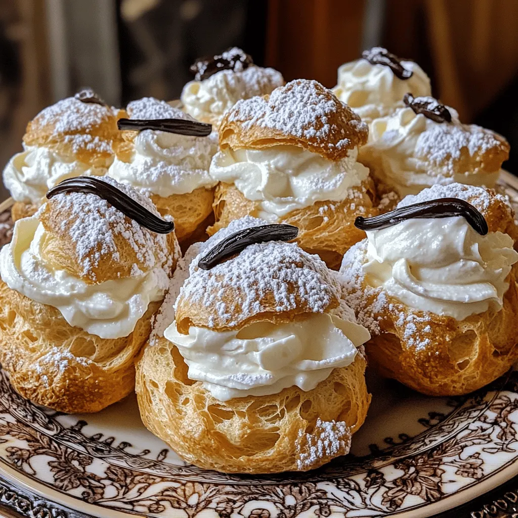 - 1 cup water - 1/2 cup unsalted butter - 1 cup all-purpose flour - 1/4 teaspoon salt - 4 large eggs - 1 teaspoon vanilla extract - 1 cup heavy whipping cream - 1/4 cup powdered sugar - 1 teaspoon vanilla bean paste (or additional vanilla extract) - Optional: melted chocolate for drizzling