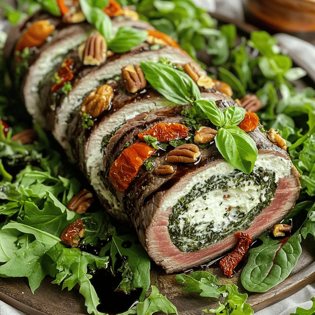 A flank steak roulade needs a few key ingredients. You start with 1.5 pounds of flank steak. This cut is lean and flavorful. You will also need salt and pepper to season it well. The filling is where the fun begins. You mix 8 ounces of softened cream cheese with fresh spinach, sun-dried tomatoes, basil, pecans, and garlic. This mix creates a creamy and tasty filling. You will use olive oil for searing. These ingredients make the dish rich and satisfying.