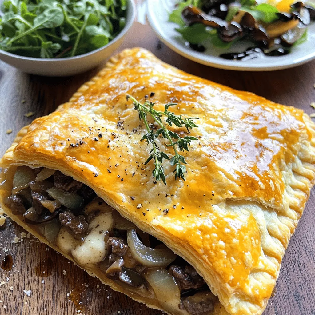 - 1 lb (450g) beef steak, diced into bite-sized pieces - 2 tablespoons olive oil - 1 large onion, thinly sliced - 8 oz (225g) mushrooms, sliced - 2 cloves garlic, minced - 1 teaspoon fresh thyme or ½ teaspoon dried thyme - 1 tablespoon Worcestershire sauce - Salt and pepper, to taste - 1 cup (100g) Gruyère cheese, shredded - 1 sheet of puff pastry - 1 egg, beaten (for egg wash)