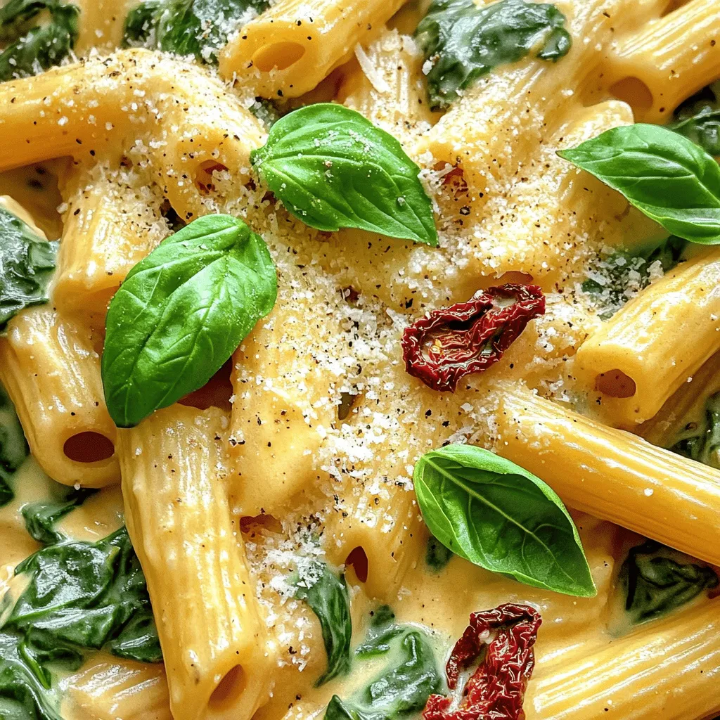 To make this tasty dish, gather these ingredients: - 8 oz (225g) pasta of choice (penne or fusilli recommended) - 2 tablespoons olive oil - 3 cloves garlic, minced - 2 cups fresh spinach - 1/2 cup sun-dried tomatoes, sliced (in oil for added flavor) - 1 cup heavy cream (or coconut cream for a lighter option) - 1/2 cup grated Parmesan cheese (or nutritional yeast for a vegan option) - Salt and black pepper to taste - Fresh basil leaves for garnish