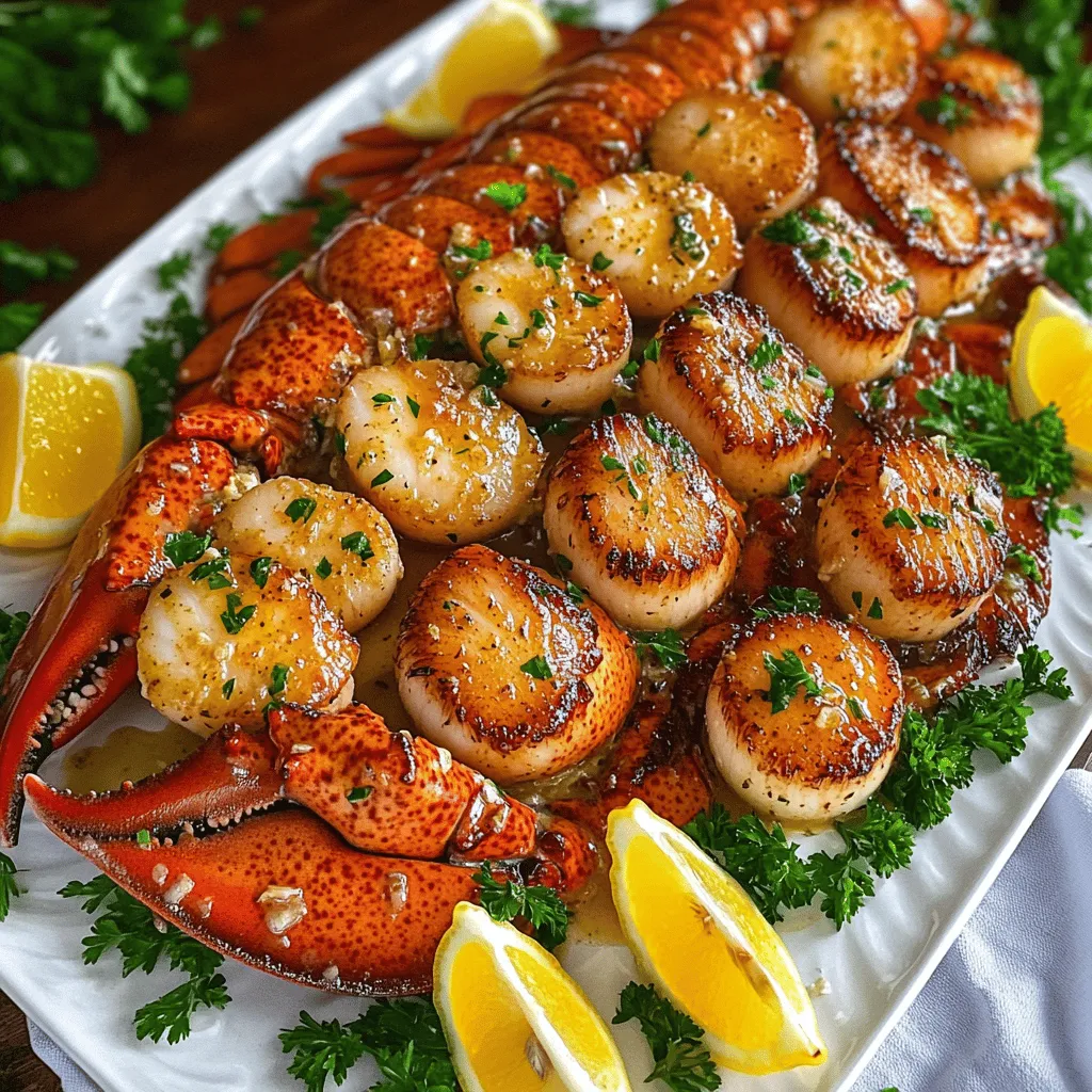For a great Garlic Butter Lobster Tail & Scallops Feast, you need a few key ingredients. First, you need two lobster tails and twelve large sea scallops. These are the stars of your dish.