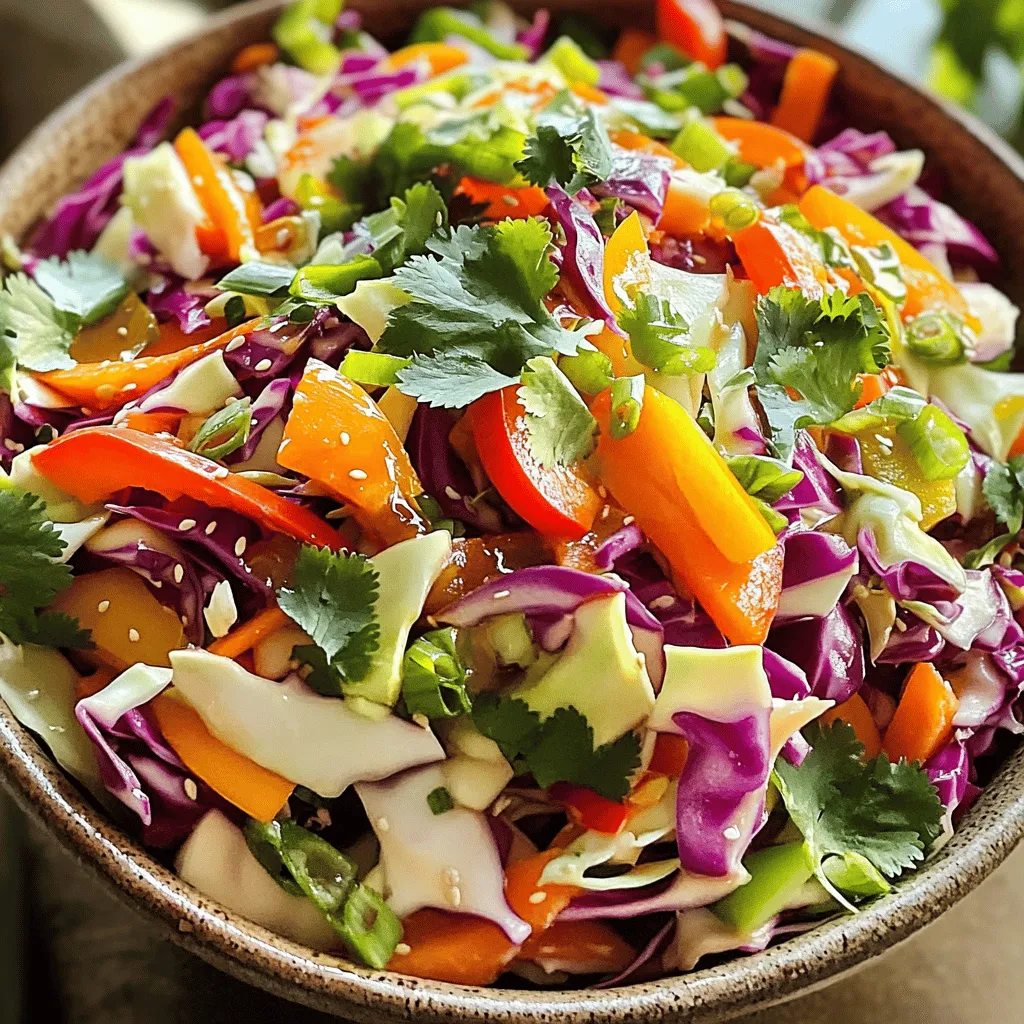 - 4 cups red cabbage, thinly shredded - 1 cup green cabbage, thinly shredded - 1 carrot, grated - 1 bell pepper (red, yellow, or orange), thinly sliced - 1/2 cup fresh cilantro, chopped - 1/4 cup green onions, sliced