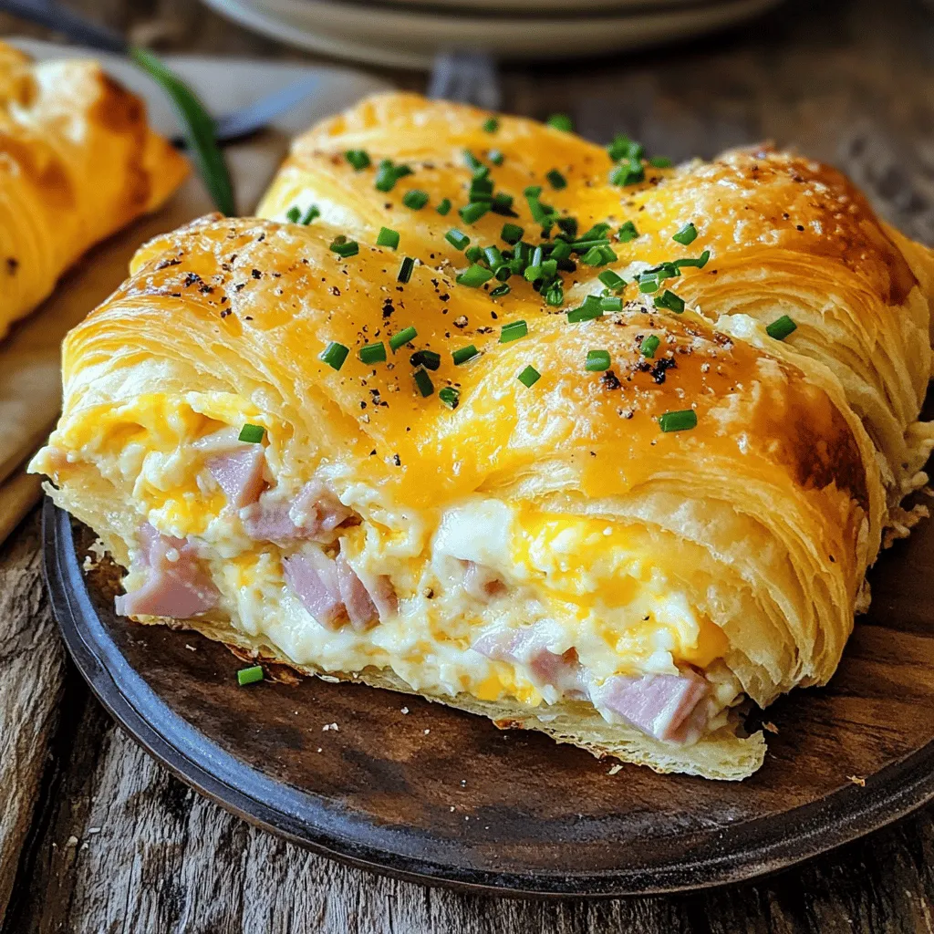 - 6 large buttery croissants, cut into halves - 1 cup cooked ham, diced - 1 cup shredded cheddar cheese - 1 cup shredded Swiss cheese