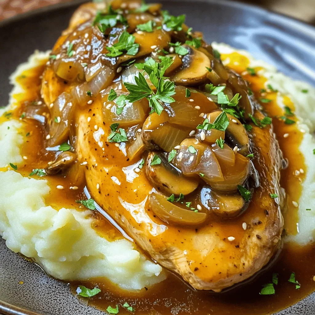 - 4 boneless, skinless chicken breasts - 1 cup fresh mushrooms (button, cremini, or shiitake), sliced - 1 small onion, finely chopped - 3 cloves garlic, minced - 1 cup chicken broth (low sodium) - 1 tablespoon soy sauce - 1 tablespoon olive oil - 1 teaspoon dried thyme - 1 teaspoon dried rosemary - Salt and pepper to taste - Fresh parsley for garnish