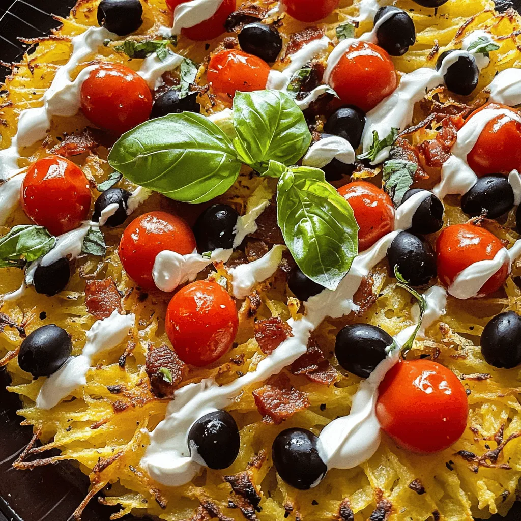 Rösti pizza is a fun twist on two beloved dishes: rösti and pizza. This dish combines crispy Swiss potatoes with classic pizza toppings. You get the best of both worlds in every bite!