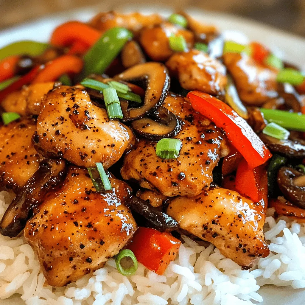 To make savory black pepper chicken with mushrooms, gather these key items: