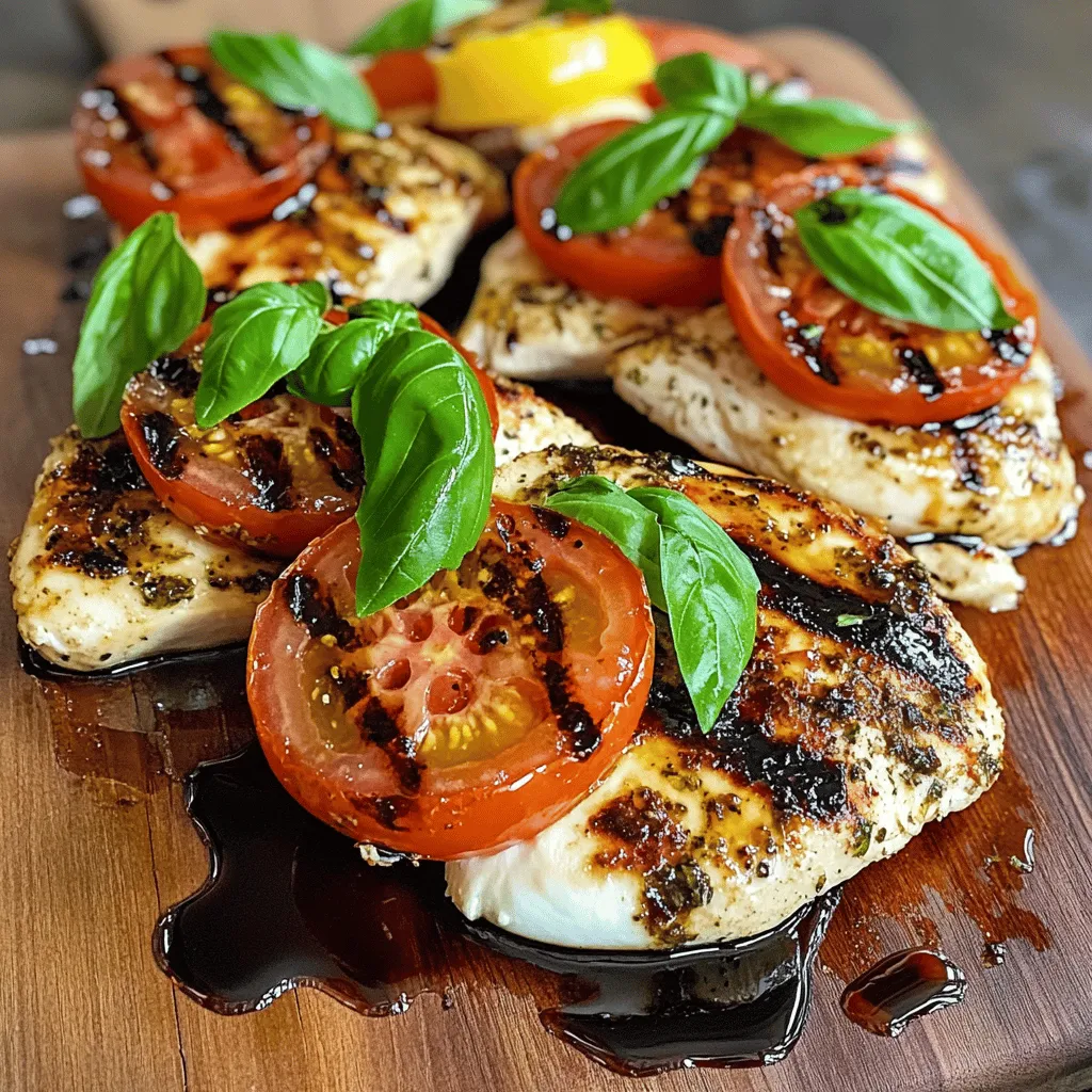 - 2 boneless, skinless chicken breasts - 1 cup fresh mozzarella cheese, sliced - 2 ripe tomatoes, sliced - 1 cup fresh basil leaves - 1 tablespoon balsamic glaze - 1 tablespoon lemon juice