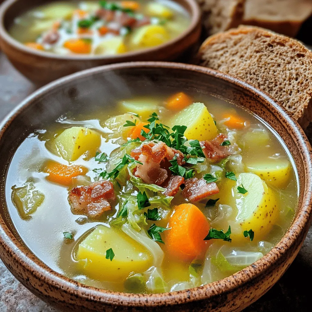 For a great Irish Bacon, Cabbage, and Potato Soup, you need key ingredients. First, use six strips of Irish bacon, chopped into bits. This bacon adds a rich and smoky flavor. Next, you need one medium onion, finely diced. The onion brings sweetness to the soup. Two cloves of garlic, minced, add depth and warmth.