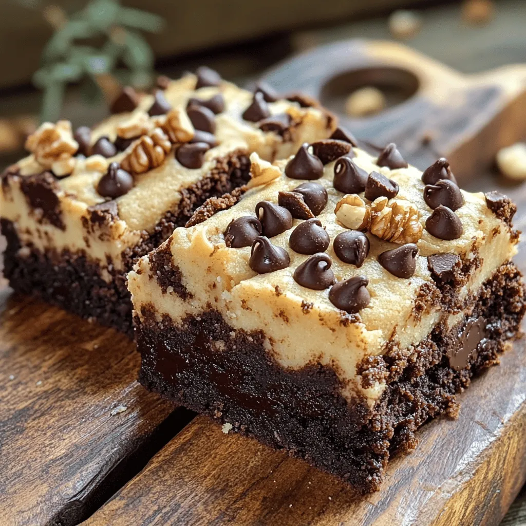 - 1 cup all-purpose flour - 1/2 teaspoon baking powder - 1/4 teaspoon salt - 1/2 cup unsweetened cocoa powder - 1/2 cup brown sugar - 1/2 cup granulated sugar - 1/2 cup unsalted butter, melted - 2 large eggs - 1 teaspoon vanilla extract - 1 cup chocolate chips (semi-sweet or dark) - 1 cup brownie mix (store-bought or homemade) - 1/2 cup chopped nuts (optional) - 1 cup cookie dough base (homemade or store-bought)