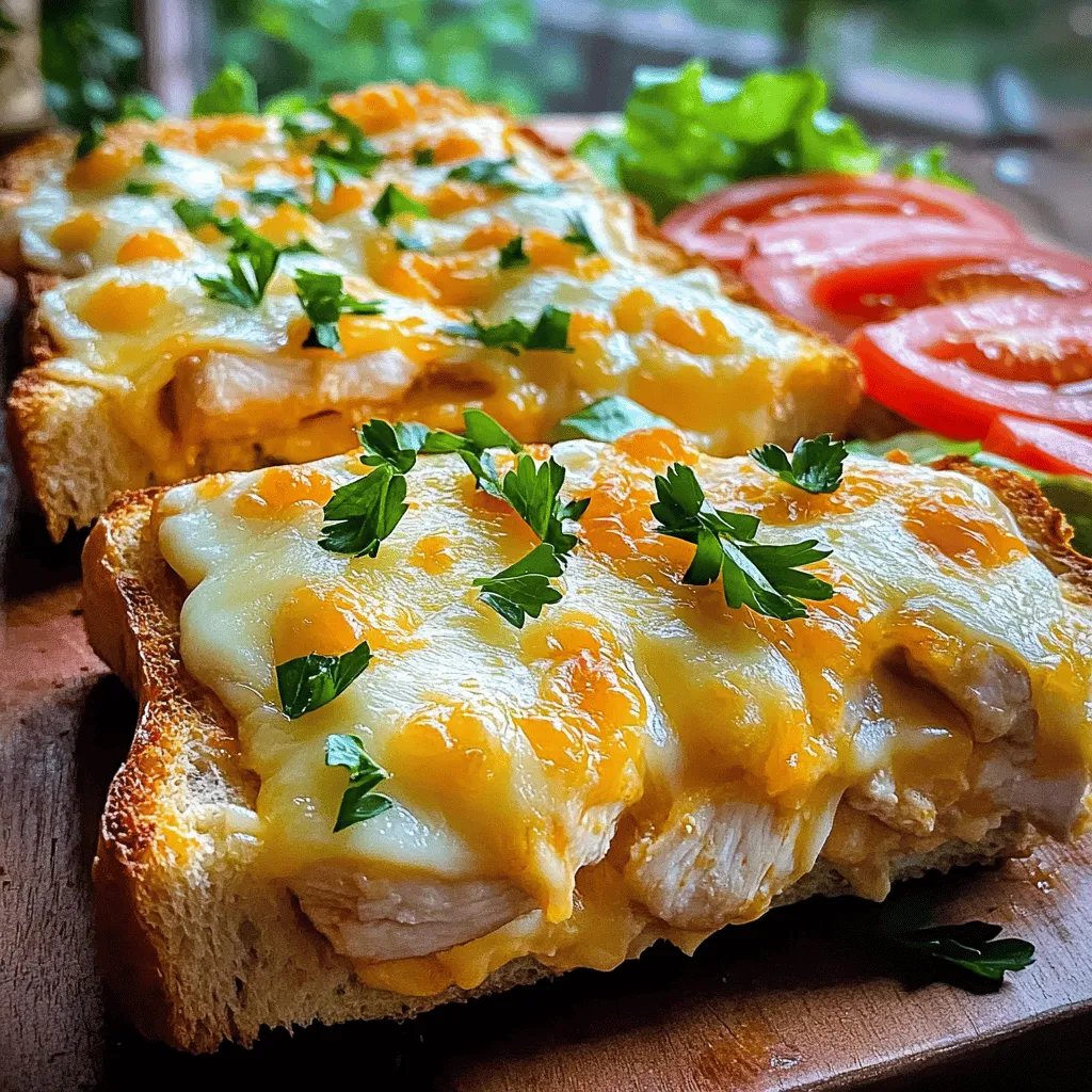 - 2 boneless, skinless chicken breasts - 1 cup shredded mozzarella cheese - 1/2 cup shredded cheddar cheese - 4 slices of thick garlic bread