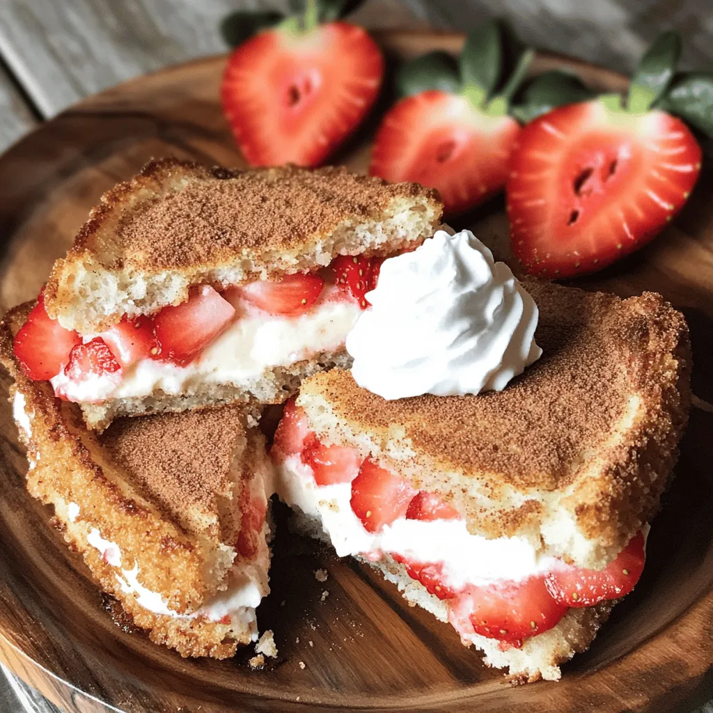 Fried strawberry cheesecake sandwiches are a fun twist on classic desserts. They mix sweet cream cheese and fresh strawberries between two thick slices of bread. Then, these sandwiches get a crispy coating from frying.