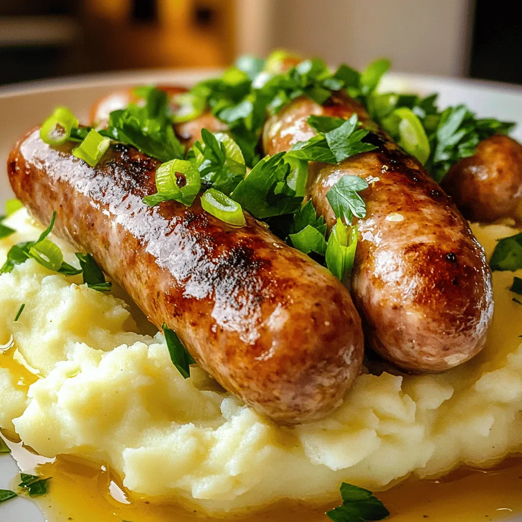 What are the essential ingredients for bangers and mash? The main ingredients are pork sausages, potatoes, milk, and butter. You can use any flavor of sausage you like. I recommend six sausages for a family meal. For four people, use four large potatoes. These potatoes should be peeled and chopped for easy cooking.