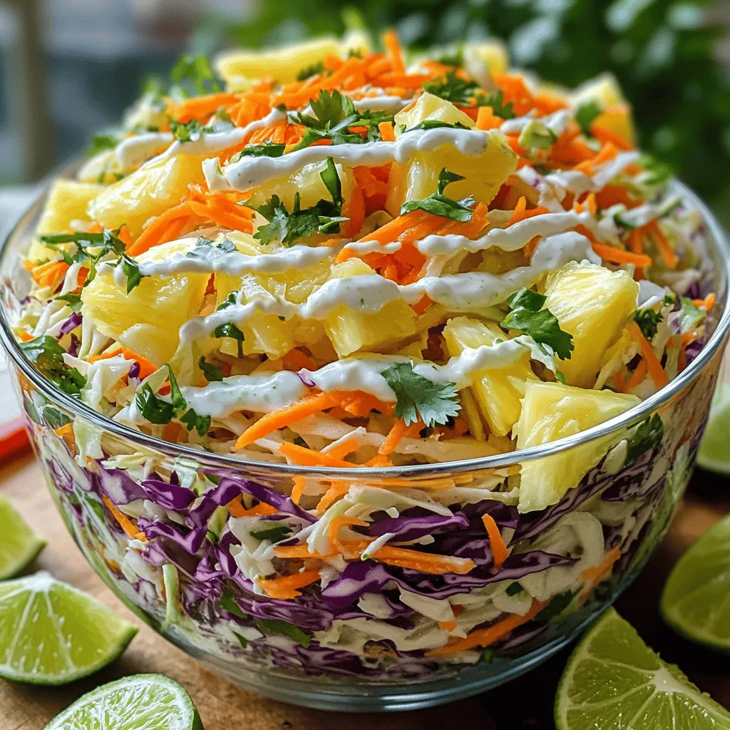 To make this coleslaw, gather these fresh ingredients: - 4 cups green cabbage, finely shredded - 1 cup purple cabbage, finely shredded - 1 cup carrots, grated - 1 cup pineapple, diced (fresh or canned, drained) - 1/2 cup red bell pepper, thinly sliced - 1/4 cup fresh cilantro, chopped - 3/4 cup Greek yogurt - 2 tablespoons honey - 2 tablespoons apple cider vinegar - 1 tablespoon lime juice - Salt and pepper to taste - Optional: 1/4 cup chopped macadamia nuts for crunch