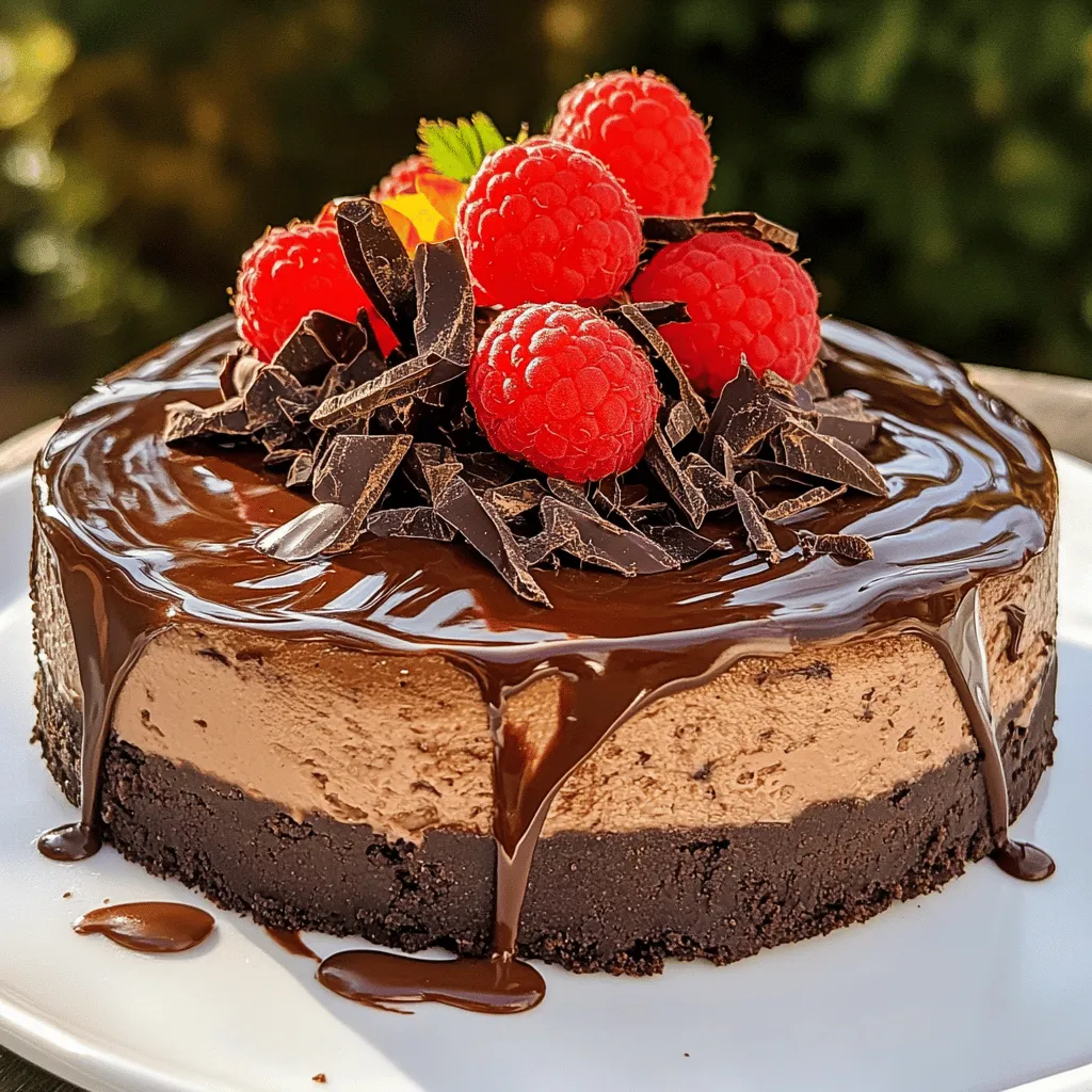 - 1 ½ cups chocolate cookie crumbs - ½ cup unsalted butter, melted - 2 cups cream cheese, softened - 1 cup powdered sugar - 1 teaspoon vanilla extract - 1 cup heavy whipping cream - 8 ounces semi-sweet chocolate, melted and cooled - 1 teaspoon instant coffee granules (optional) - 2 tablespoons hot water (for coffee) - Fresh raspberries and chocolate shavings for garnish