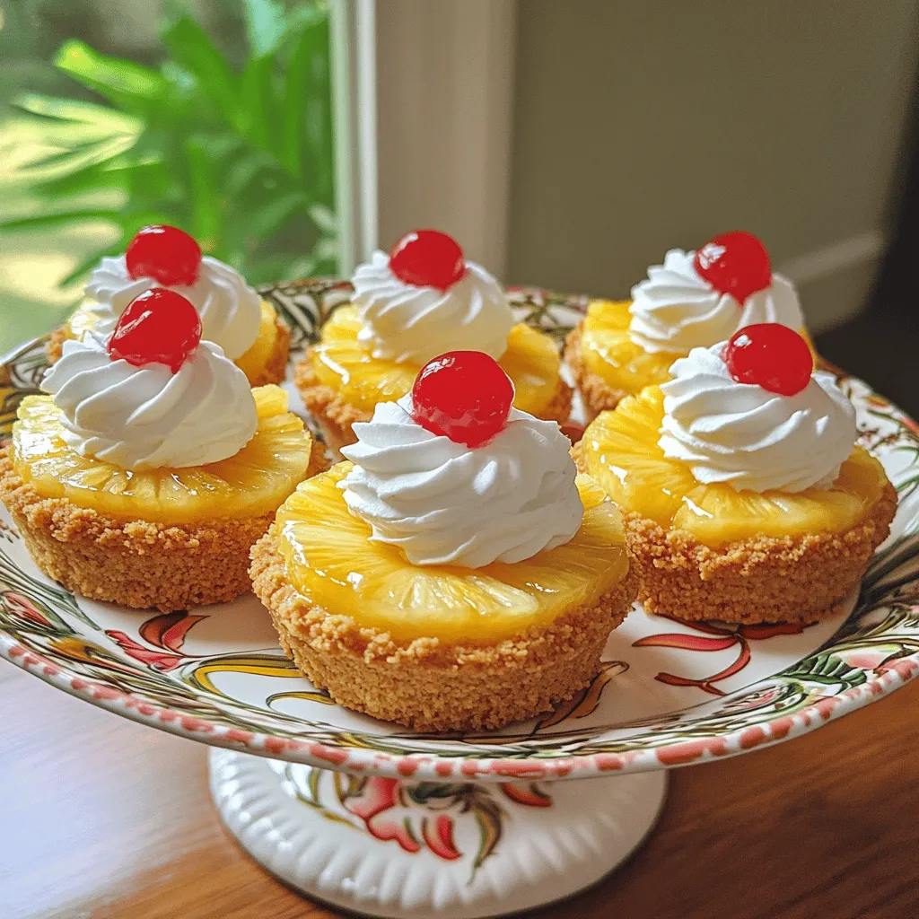 - 1 cup crushed graham crackers - 4 tablespoons unsalted butter, melted - 1/4 cup brown sugar - 2 cups cream cheese, softened - 1 cup granulated sugar - 1 teaspoon vanilla extract - 2 large eggs - 1 cup crushed pineapple, drained - Maraschino cherries for garnish - Whipped cream for serving